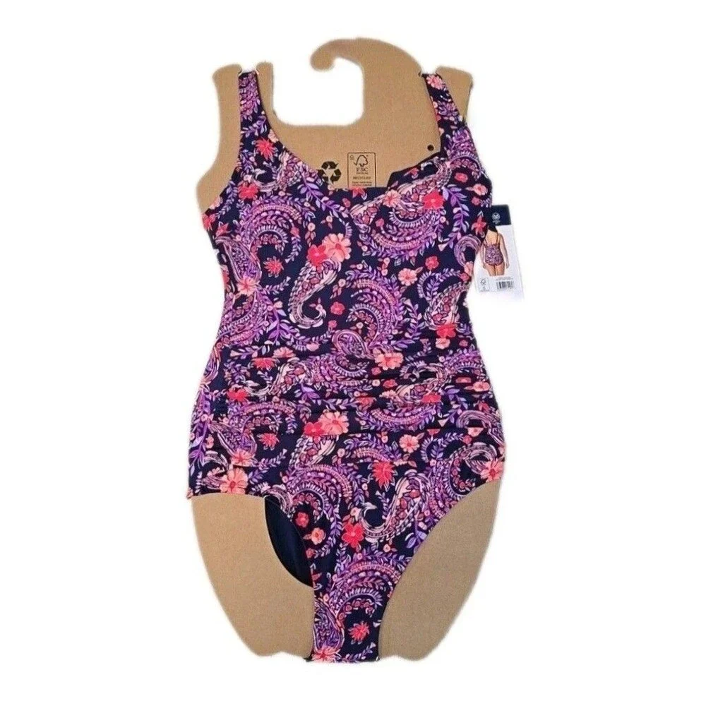 Lands End Slimming Grecian Swimsuit One-piece Purple Paisley Size S